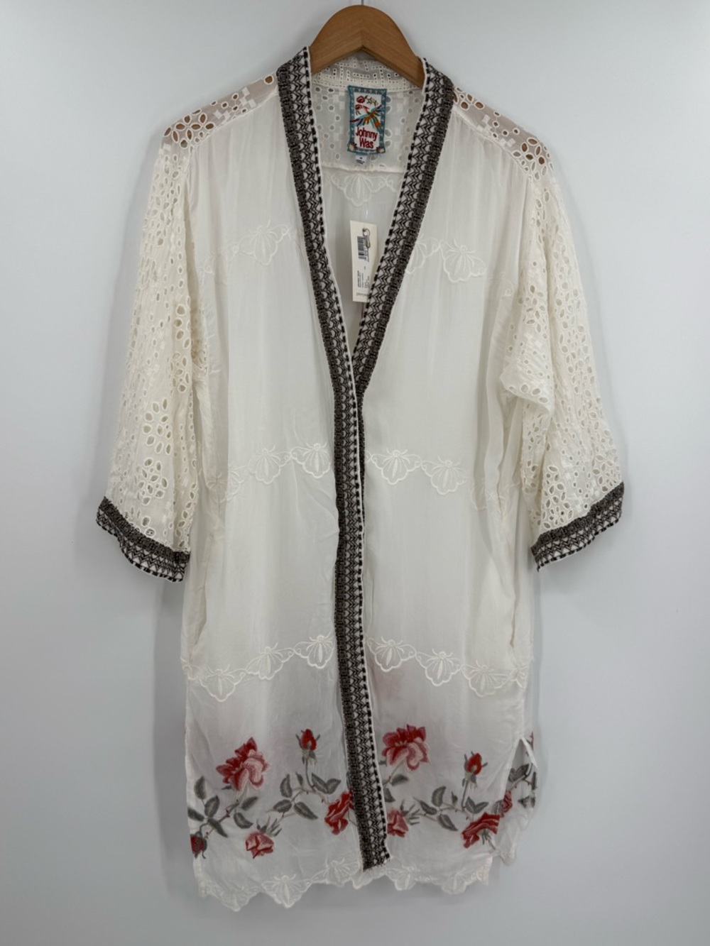 ✦NWT Johnny Was Rosey Semi Sheer Open Front Embroidered Kimono | White | Medium